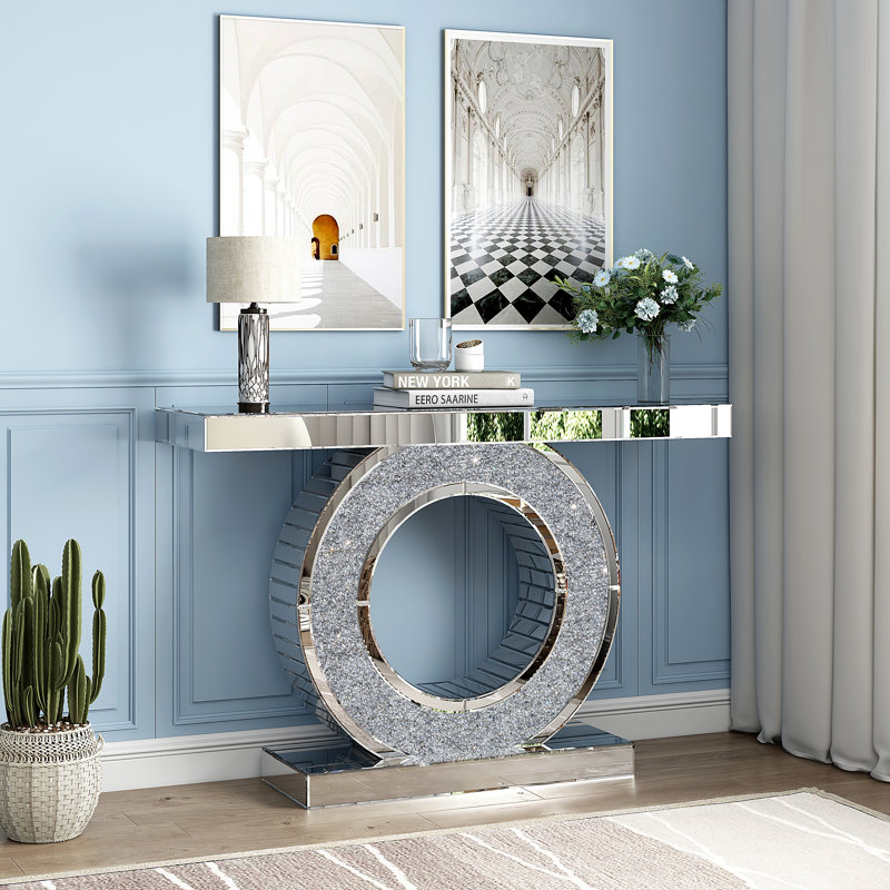 Mercer41 Gola 47.27" Mirrored Glass Console Table with Crush Diamond